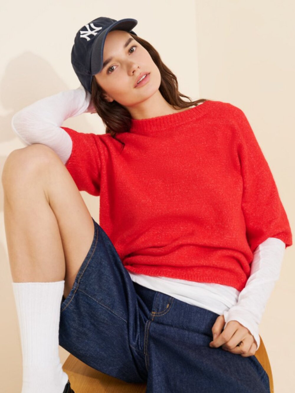 FREE PEOPLE Women's Margot Sweater Tee Size XS in Cherry Pop Melange (Dirty)